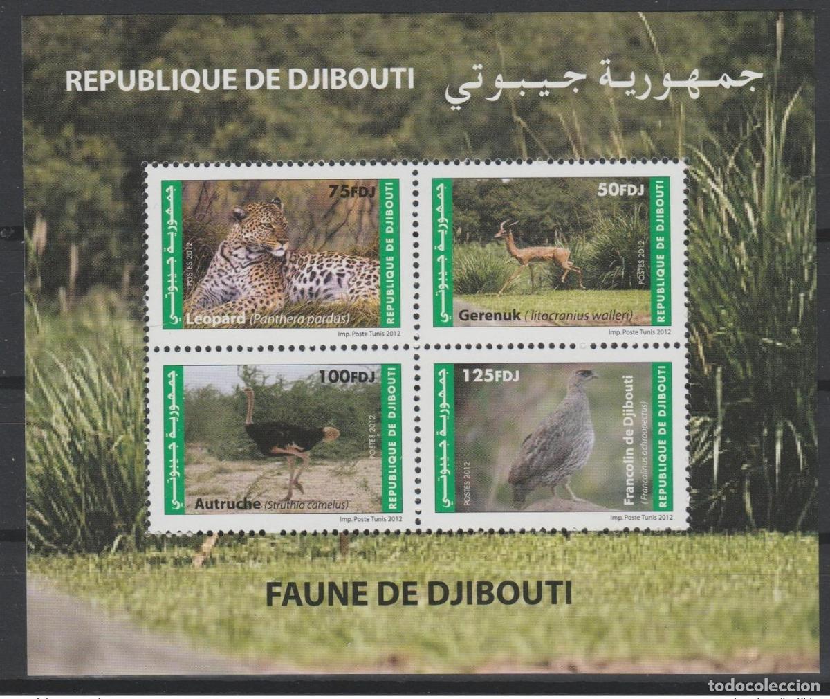 Sellos: Yibuti 2012 Mi. Bl. 166 nine MNH Wildlife: leopardo pantera avestruz