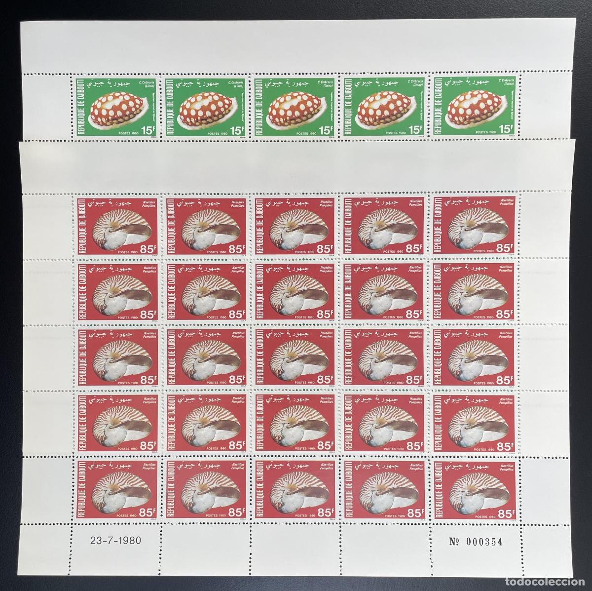 Sellos: Yibuti 1980 YT 521-522 bloque conchas Nautilus Pompilius Cypraea