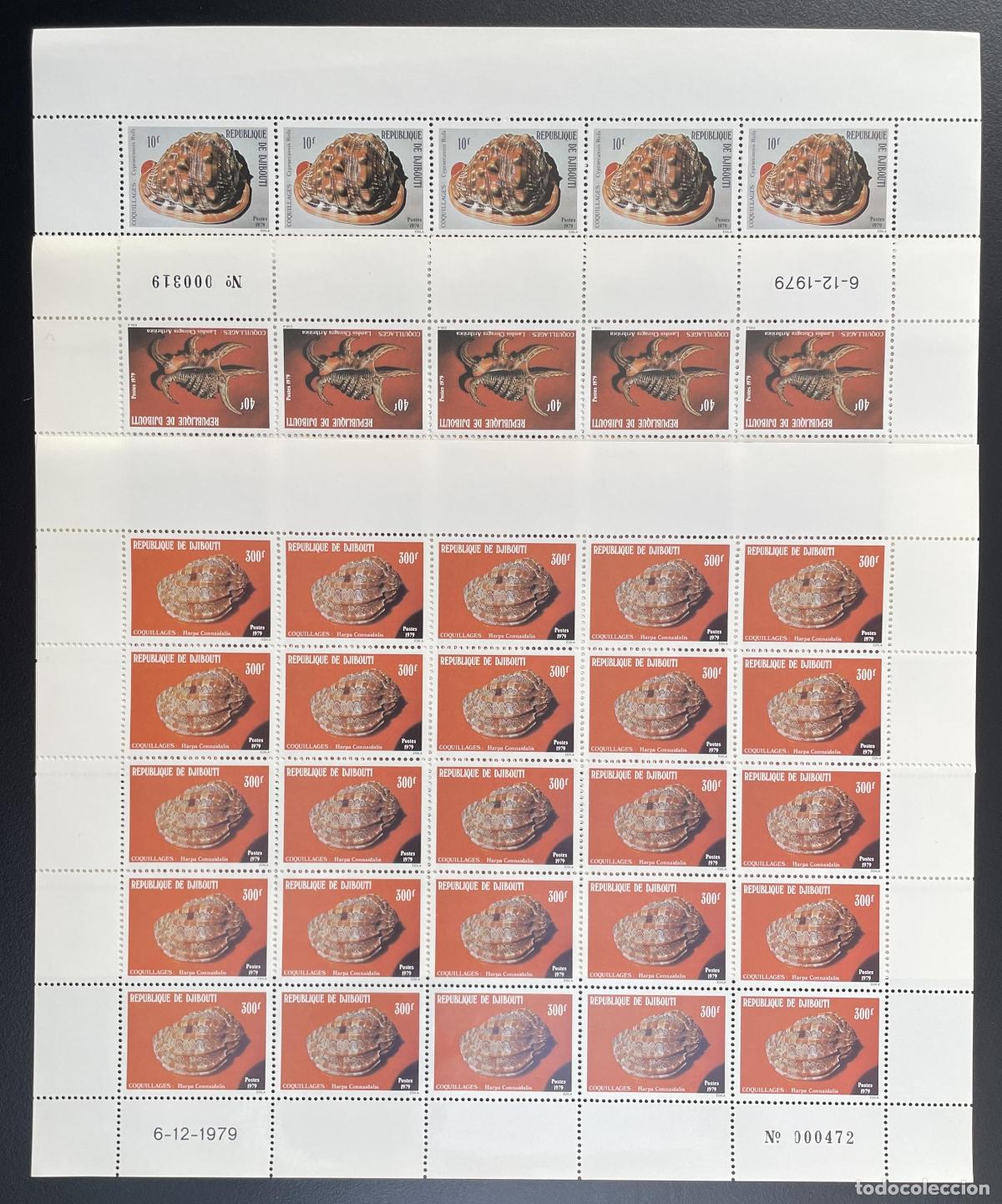Sellos: Yibuti 1979 YT 512-514 hoja conchas Harpa Cypraea fauna marina