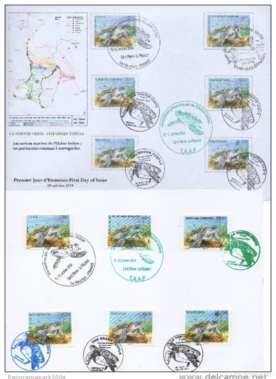 Sellos: FDC Green Turtle 2014 Edici&oacute;n conjunta Madagascar Seychelles Wildlife