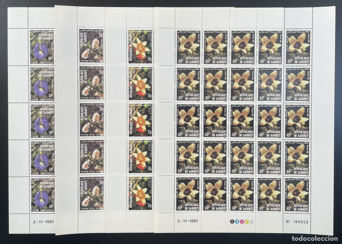 Timbres: Yibuti 1981 YT 544-547 bloque flores Clitoria Acacia Malpighia flora