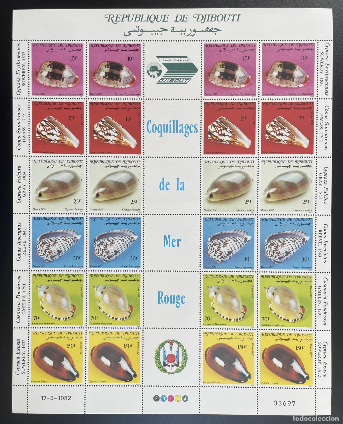 Timbres: Yibuti 1982 YT 562A tabl&oacute;n conchas Mar Rojo Cypraea Conus fauna