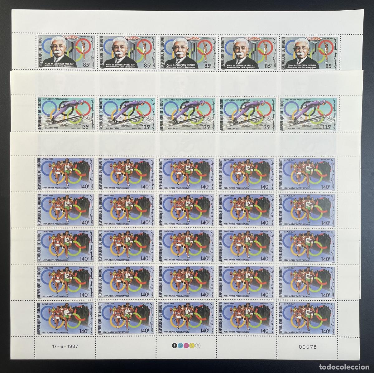 Sellos: Yibuti 1987 YT 636-638 bloque Coubertin JJ.OO. Calgary Se&uacute;l