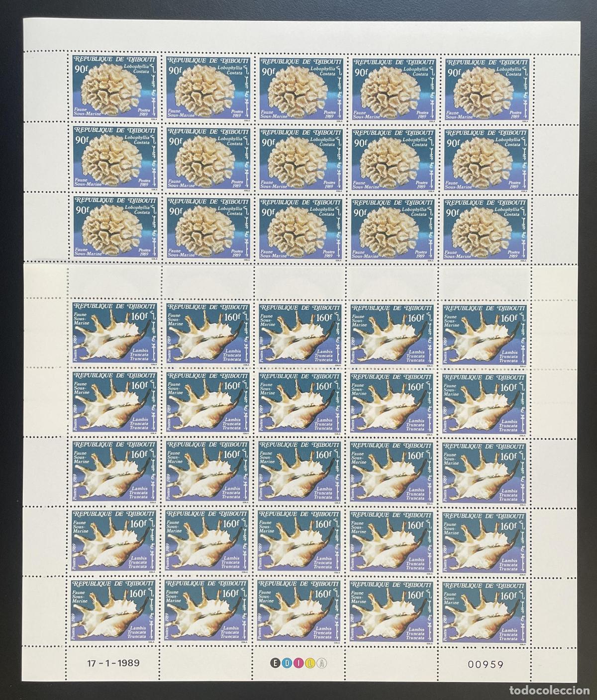 Sellos: Yibuti 1989 YT 647-648 bloque fauna submarina coral concha