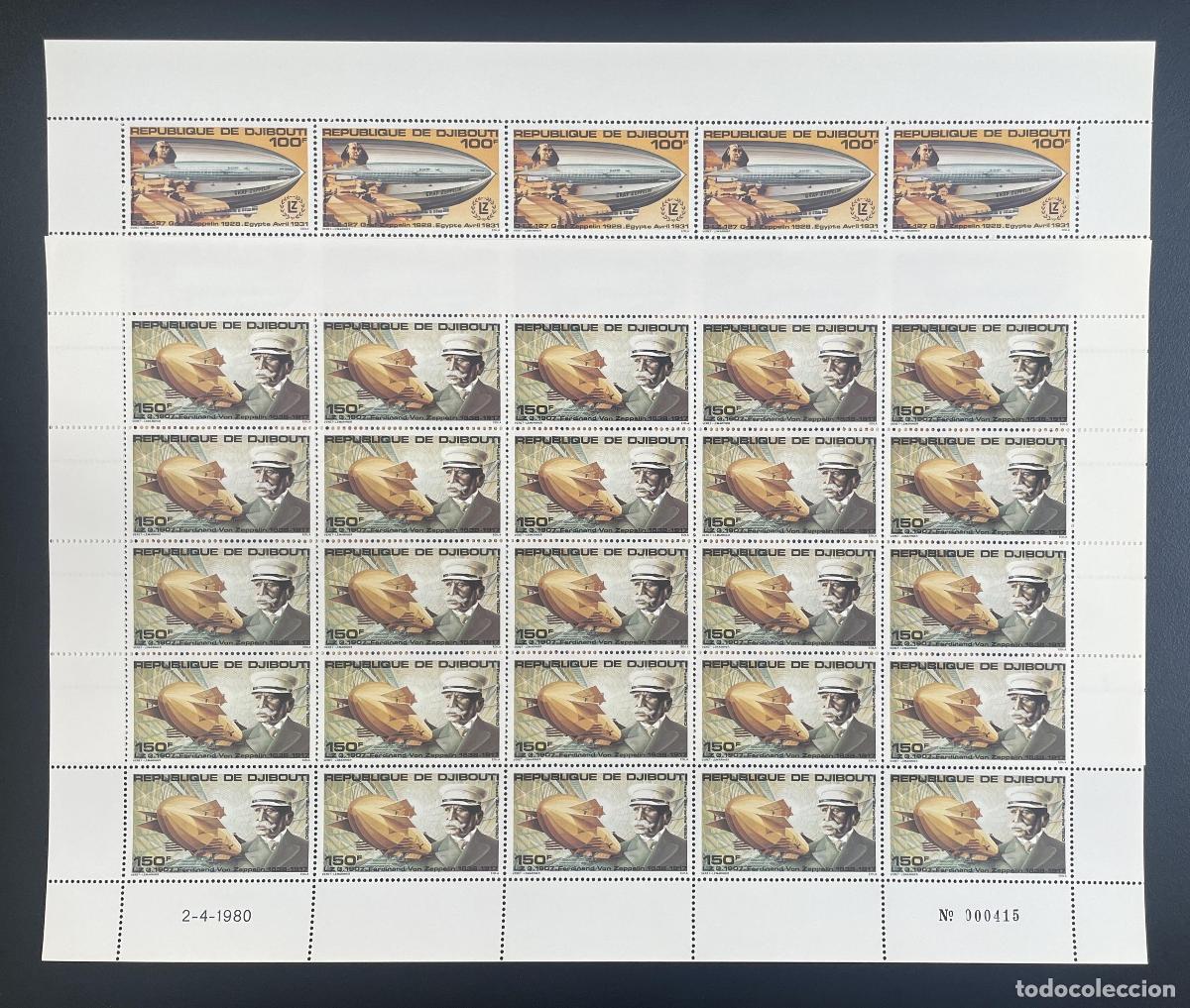 Sellos: Yibuti 1980 YT PA 144-145 bloque Zeppelin dirigible Egipto Esfinge