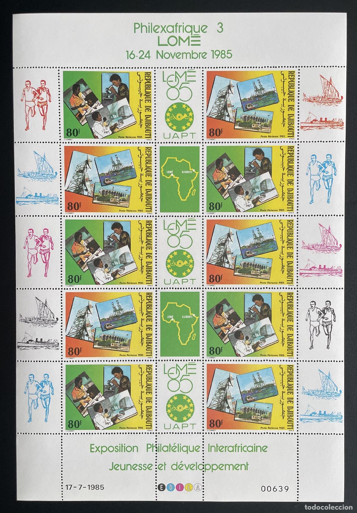 Timbres: Yibuti 1985 YT PA 218A bloque Philexafrique Lom&eacute; UAPT correo a&eacute;reo barco