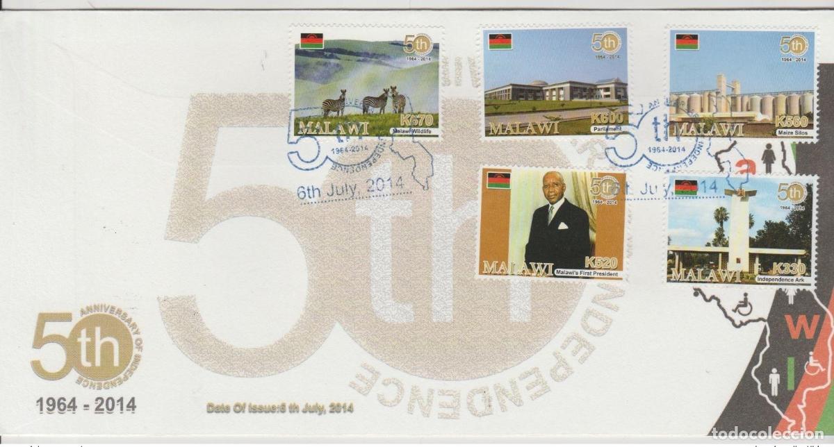 Sellos: Jubileo de Oro Malawi 2014 50 a&ntilde;os independencia 1964-2014 Primer d&iacute;a la FDC