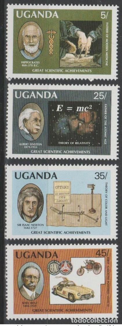 Sellos: Uganda 1987 Mi. 554 - 557 El gran cient&iacute;fico Einstein Benz Hip&oacute;crates Newton