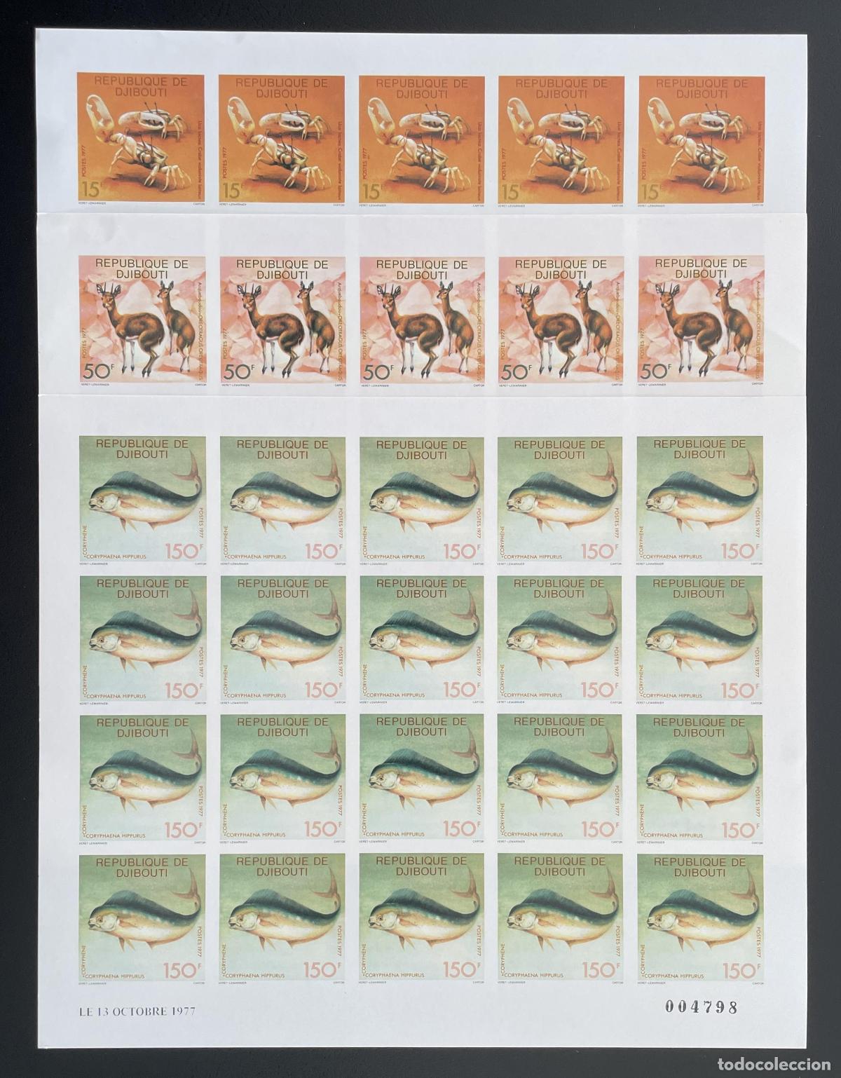 Sellos: Yibuti 1977 YT 473-475 ND crust&aacute;ceo ant&iacute;lope pez fauna