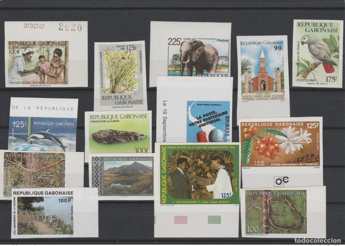 Sellos: Gab&oacute;n 1990 - 2010 Lote 14 x ND Imperf Elephant Bird Ocean Plants Prehistoria