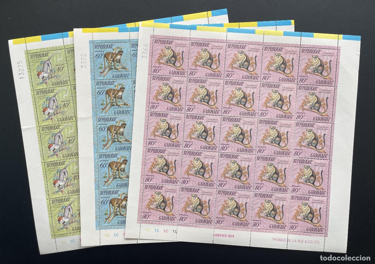 Sellos: Gab&oacute;n 1974 YT 329-331 hoja simios primates cercopitecos fauna animales