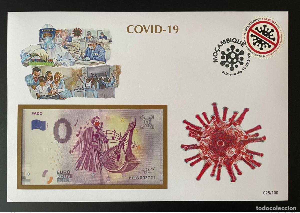 Sellos: Portada del billete de recuerdo en euros pandemia la COVID-19 Fado Mozambique