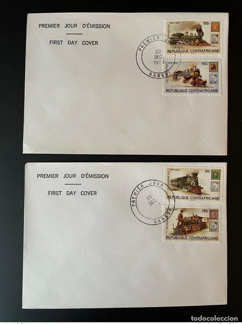 Sellos: Trenes centroafricanos Mi. 648 - 652 FDC del primer d&iacute;a que cubren Sir Rowland Hill