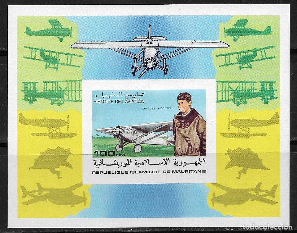 Sellos: MAURITANIA 1977, HOJA BLOQUE LUJO Mi. 18 - SIN DENTAR - PIONEROS DE LA AVIACI&Oacute;N. MNH.