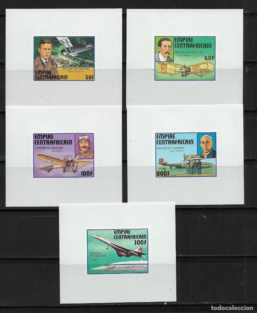Sellos: CENTROAFRICANA 1977, HOJAS BLOQUE LUJO Mi 501/05 - SIN DENTAR - HISTORIA DE LA AVIACI&Oacute;N. MNH.
