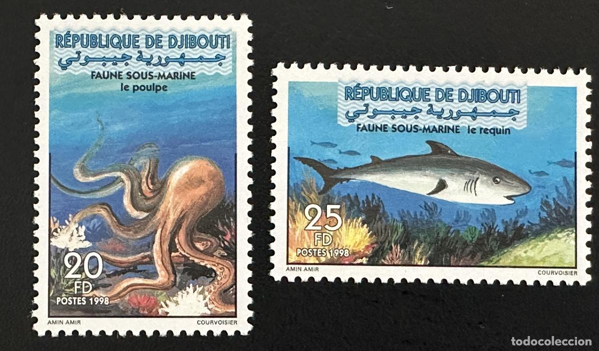 Sellos: Yibuti 1998 Mi. 665-666 fauna marina pulpo tibur&oacute;n corales