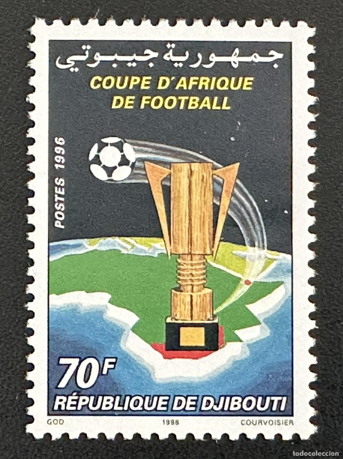 Sellos: Yibuti 1996 Mi. 620 Copa &Aacute;frica f&uacute;tbol trofeo bal&oacute;n mapa