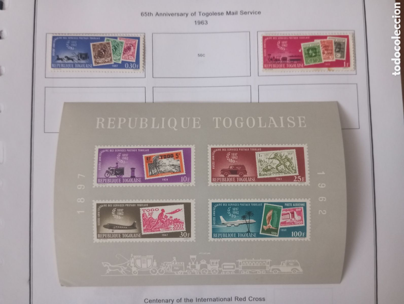 Sellos: TOGO, 1963, ANIVERSARIO DEL CORREO, SELLOS Y HOJA BLOQUE