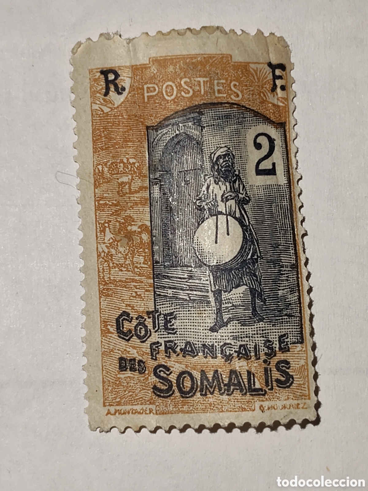 Sellos: Sello Costa francesa Somal&iacute; hombre con tambor 1915 usado