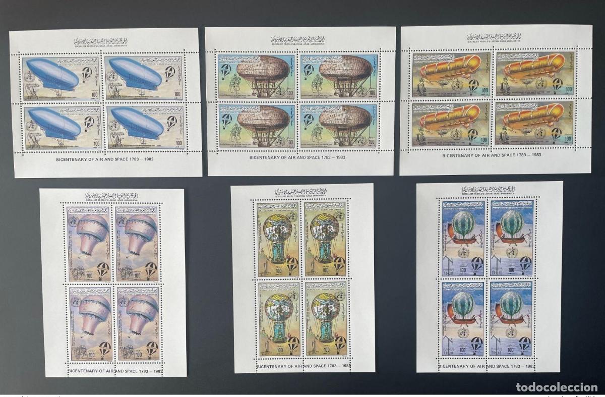 Timbres: Libia 1983 Mi. 1209 - 1217 hojas Globo a&eacute;reo y espacial zepel&iacute;n