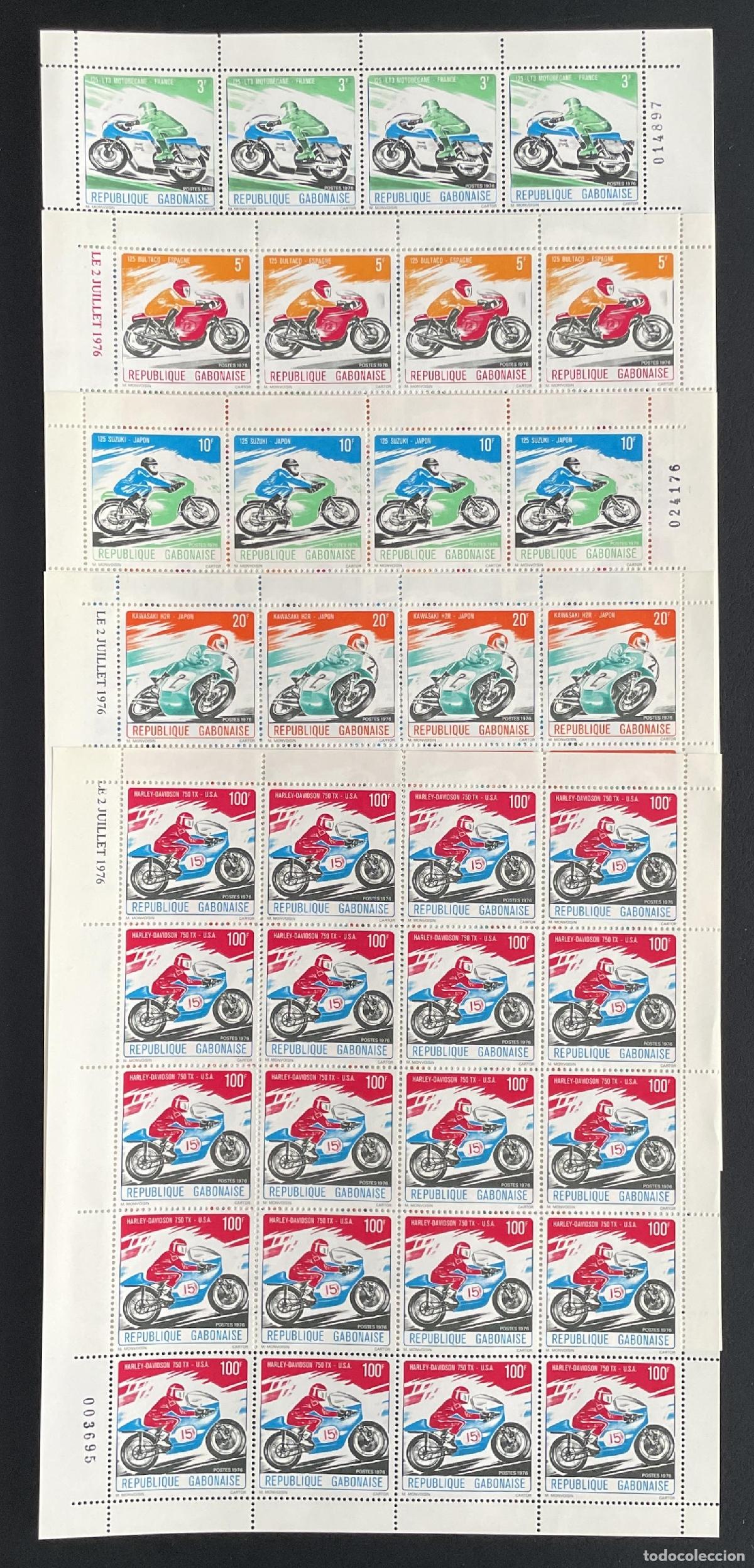 Sellos: Gab&oacute;n 1976 YT 360-364 bloque motos Motob&eacute;cane Bultaco Suzuki Kawasaki