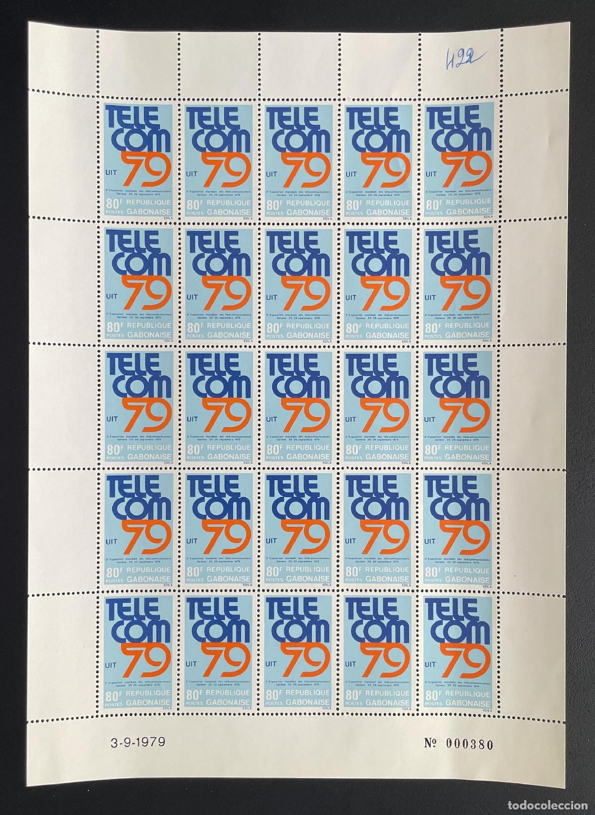 Sellos: Gab&oacute;n 1979 YT 422 bloque Telecom 79 UIT telecomunicaciones Ginebra
