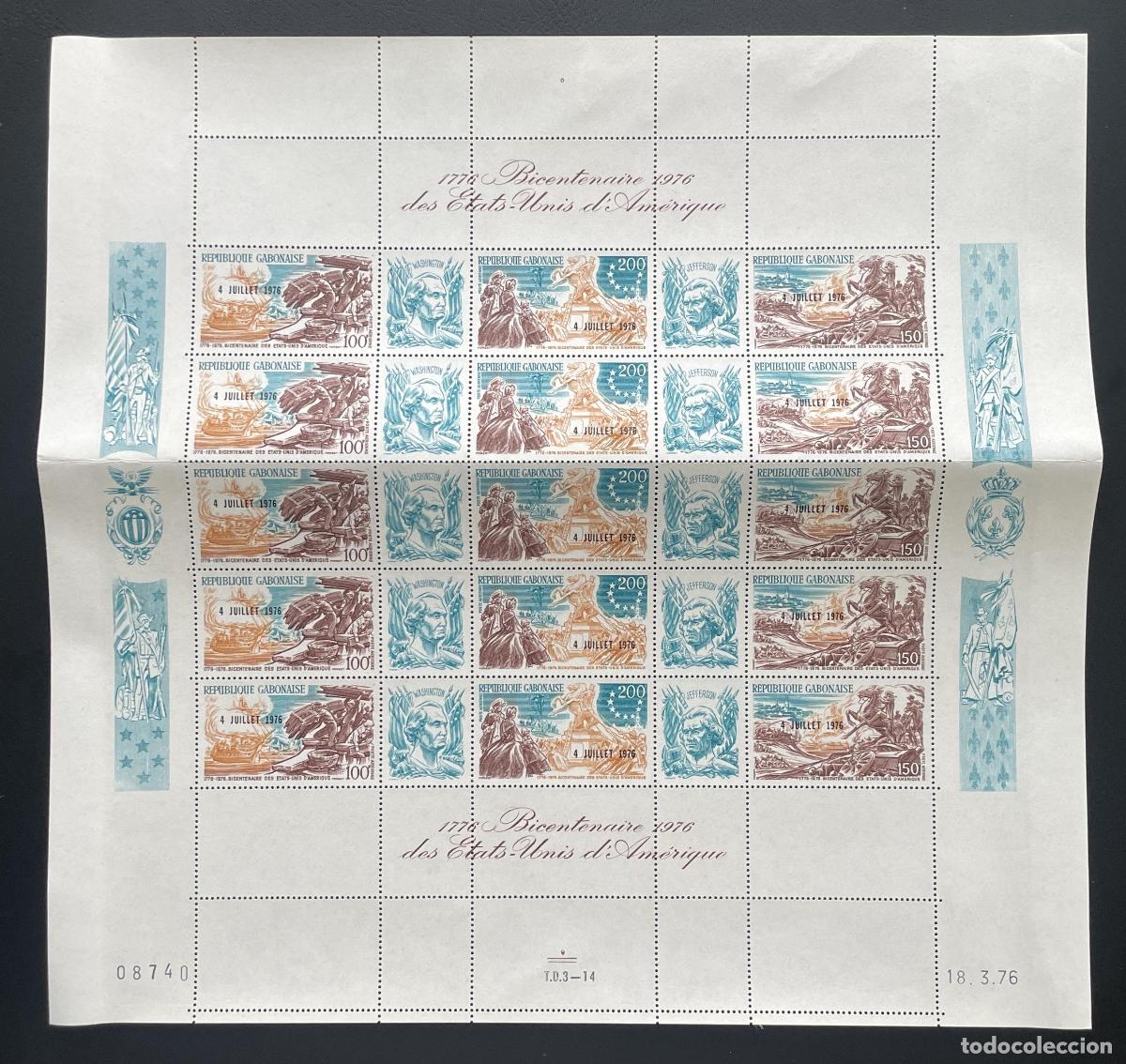 Stamps: Gab&oacute;n 1976 YT PA 183A sobrecargado Bicentenario USA Washington Jefferson