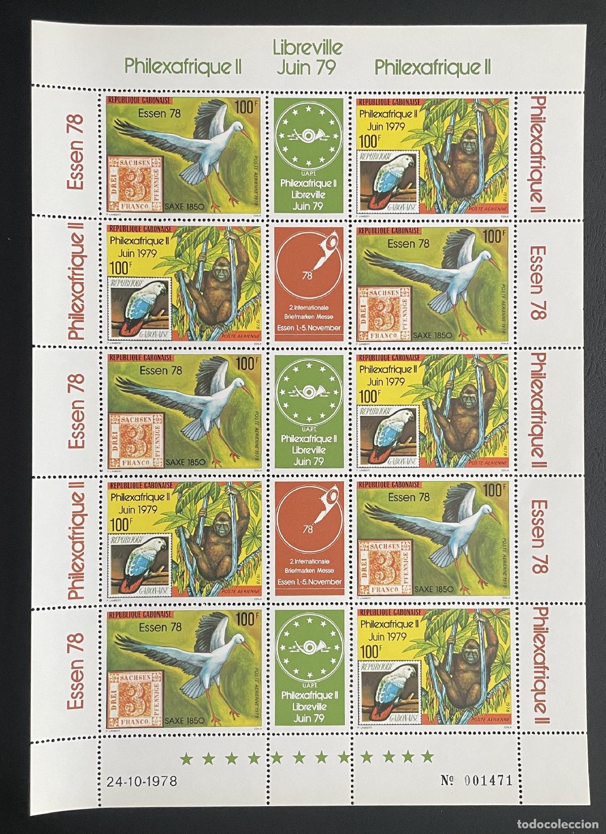 Sellos: Gab&oacute;n 1978 YT PA 215A tabl&oacute;n Philexafrique II Essen gorila cig&uuml;e&ntilde;a ave
