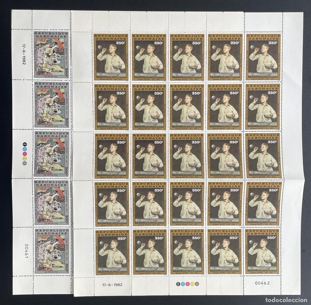 Sellos: Gab&oacute;n 1982 YT PA 252-253 bloque Manet burbujas jab&oacute;n pintura arte Braque
