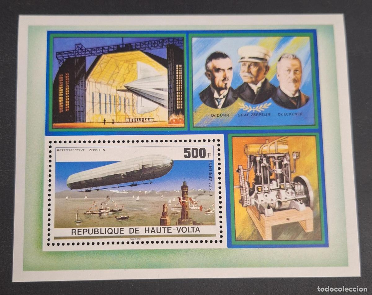 Sellos: Alto Volta 1976 Mi. Bl. 42 Retrospectiva Zeppelin dirigible hangar