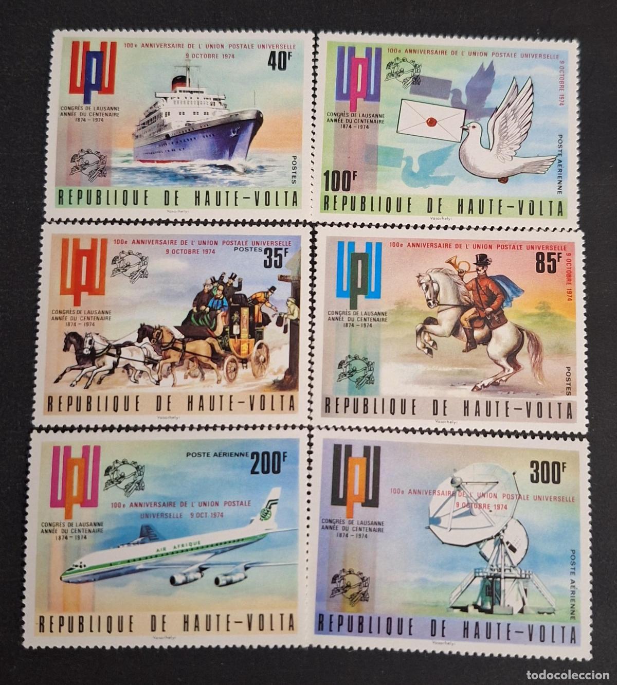 Sellos: Alto Volta 1974 Mi. 532-537 UPU centenario barco paloma avi&oacute;n jinete