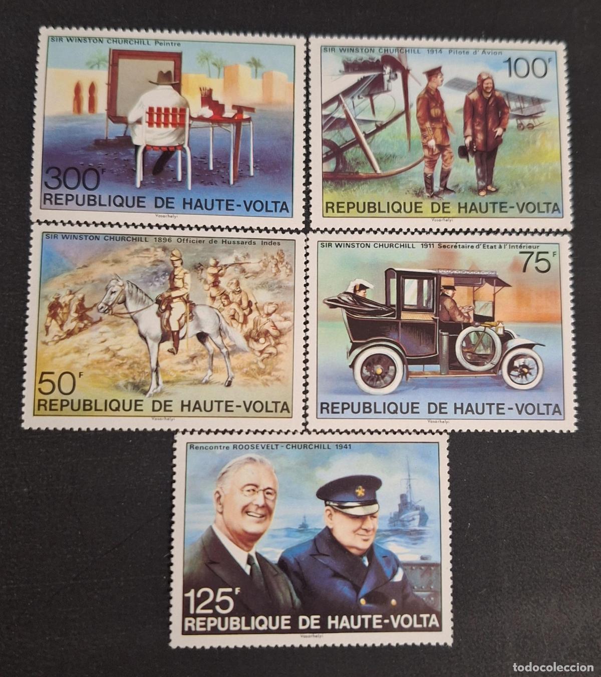 Sellos: Alto Volta 1975 Mi. 545 Churchill Roosevelt pintor avi&oacute;n caballo