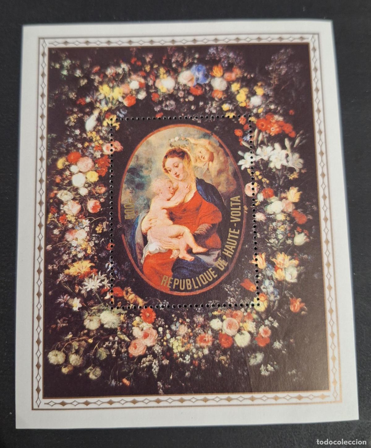 Sellos: Alto Volta 1977 Mi. Bl. 50 Rubens Virgen Ni&ntilde;o guirnalda flores