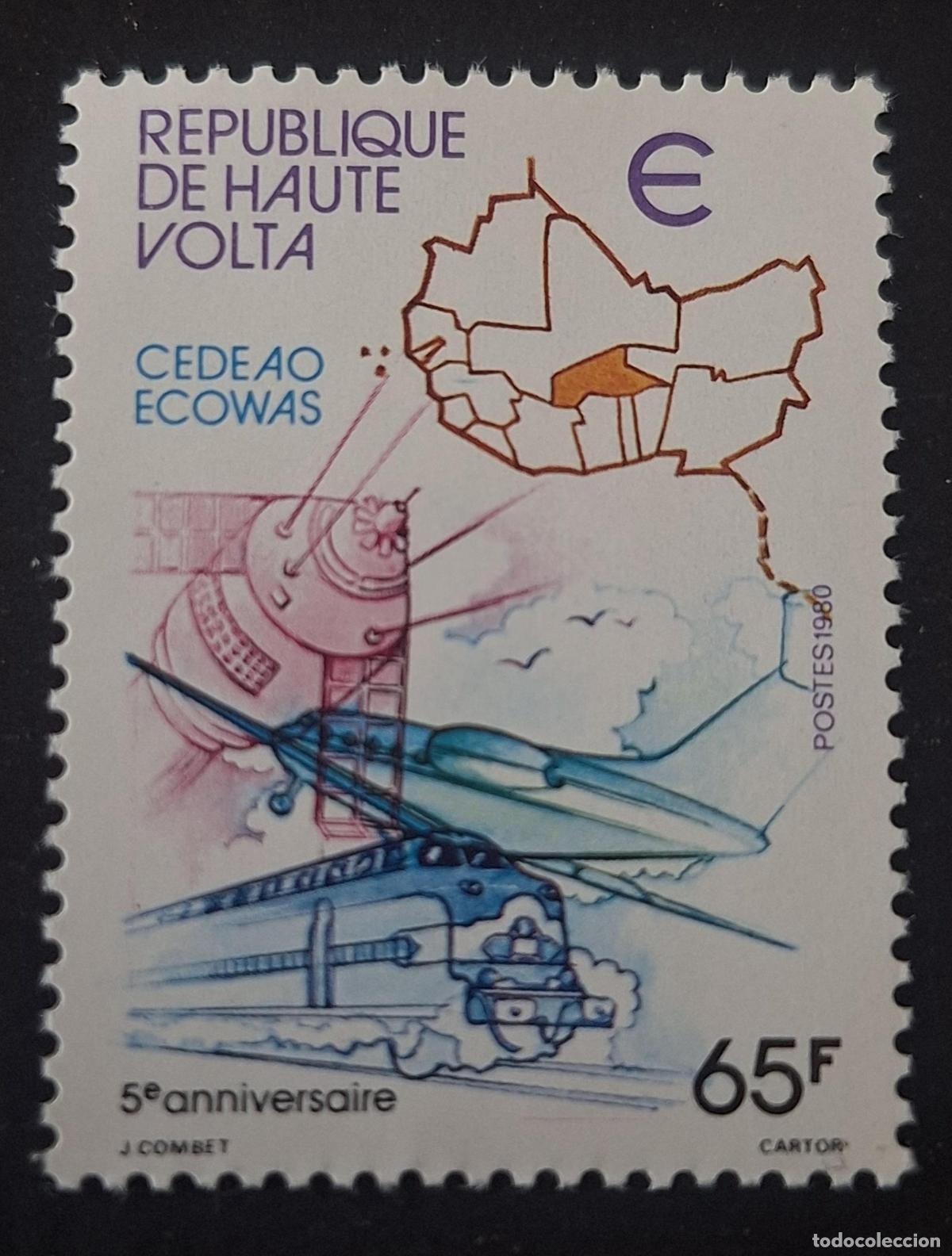 Sellos: Alto Volta 1980 Mi. 804-807 CEDEAO 5&ordm; aniversario avi&oacute;n tren sat&eacute;lite