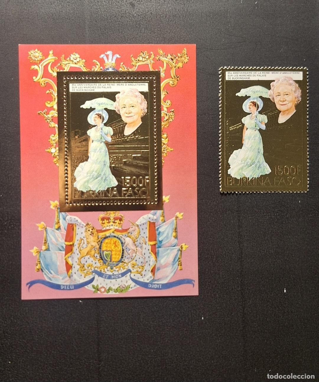 Sellos: Burkina Faso 1985 Mi. 1017 Bl. 100 Reina Madre 85 aniversario dorado