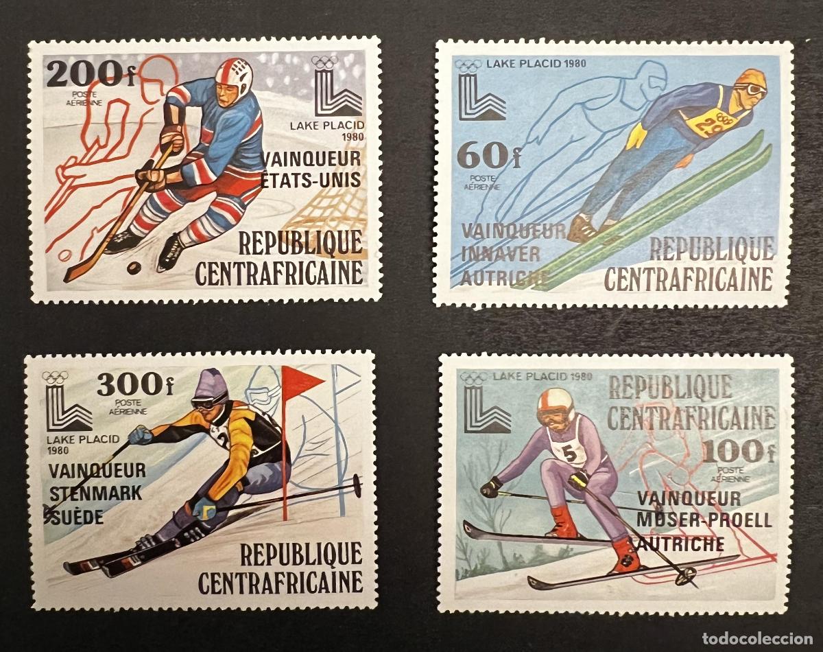 Francobolli: Centro&aacute;frica 1980 Mi. 672-675A sobrecargado JO Lake Placid ski hockey
