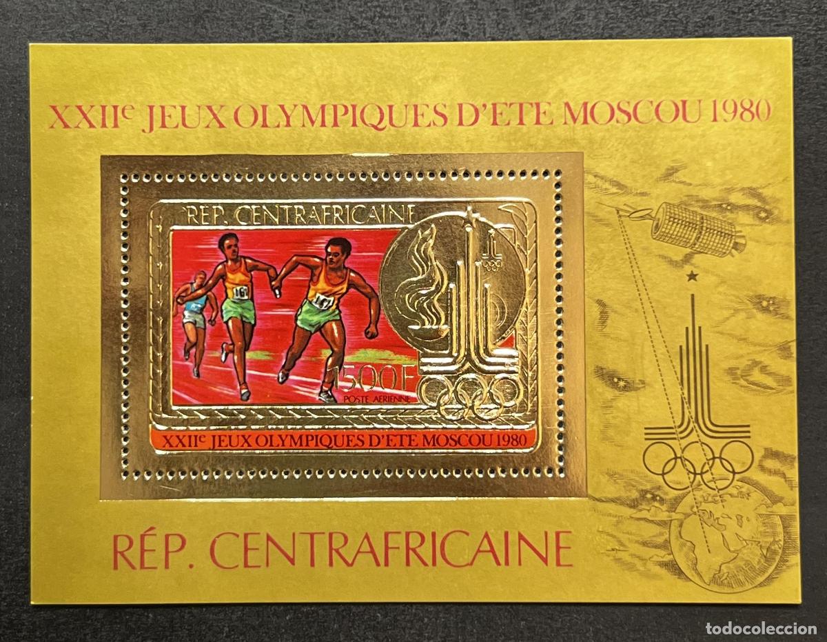 Sellos: Centro&aacute;frica 1980 Mi. Bl. 88 JJ.OO. Mosc&uacute; relevo oro