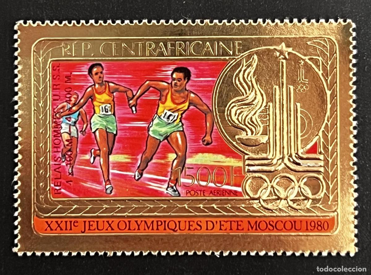 Francobolli: Centro&aacute;frica 1980 Mi. 733 bA b sobrecarga roja JJOO Mosc&uacute; oro dorado