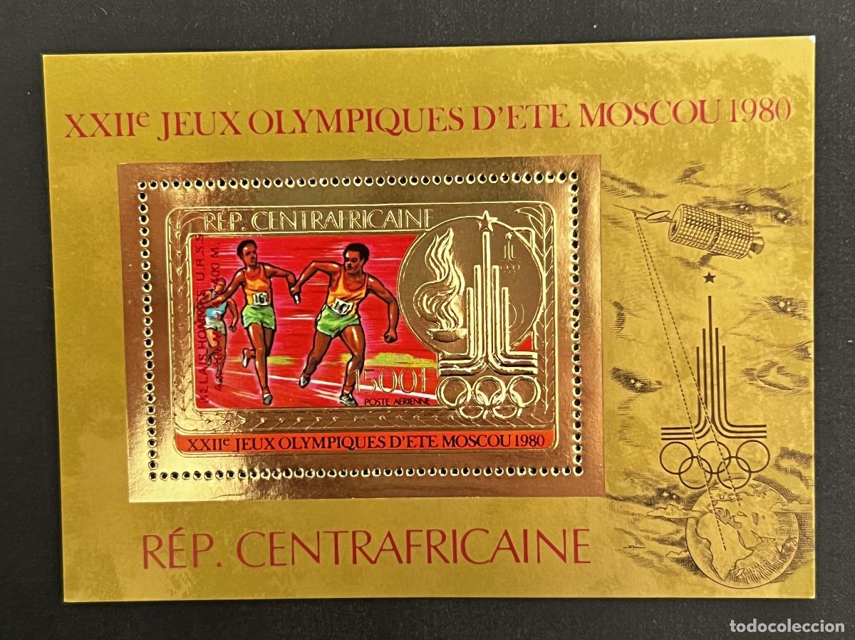 Francobolli: Centro&aacute;frica 1980 Mi. Bl. 122b sobrecarga roja JJOO Mosc&uacute; carrera oro