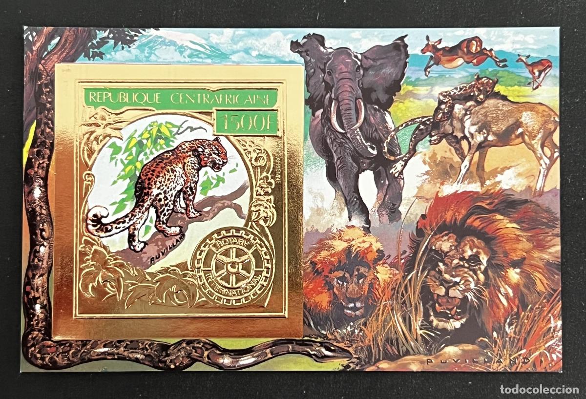 Selos: Centro&aacute;frica 1982 Mi. Bl. 819/B ND leopardo elefante le&oacute;n Rotary oro