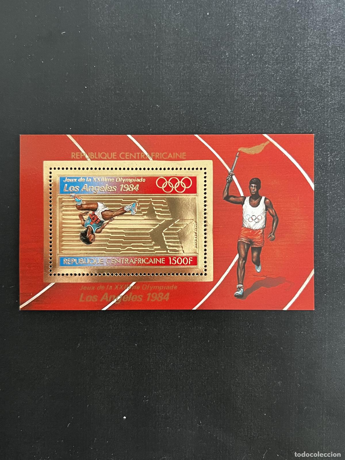 Sellos: Centro&aacute;frica 1982 Mi. Bl. 199/A JJOO Los &Aacute;ngeles 1984 oro salto