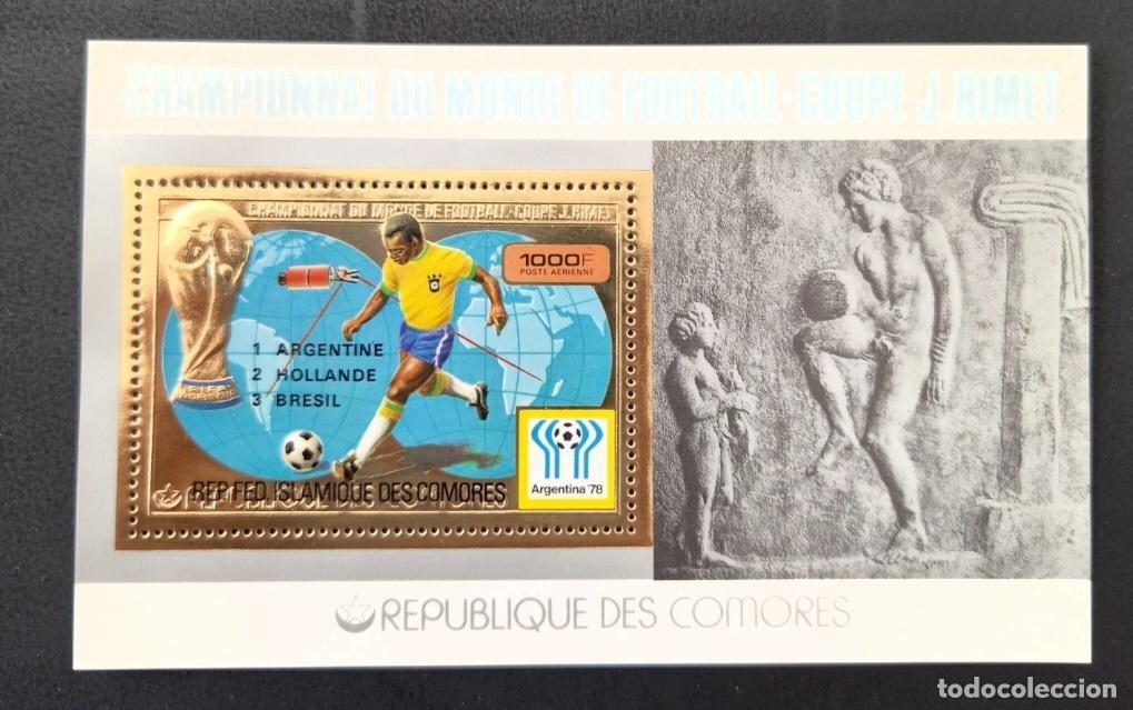 Sellos: Comoras 1978 Mi. Bl. 181A F&uacute;tbol Copa Mundo Argentina 78 oro