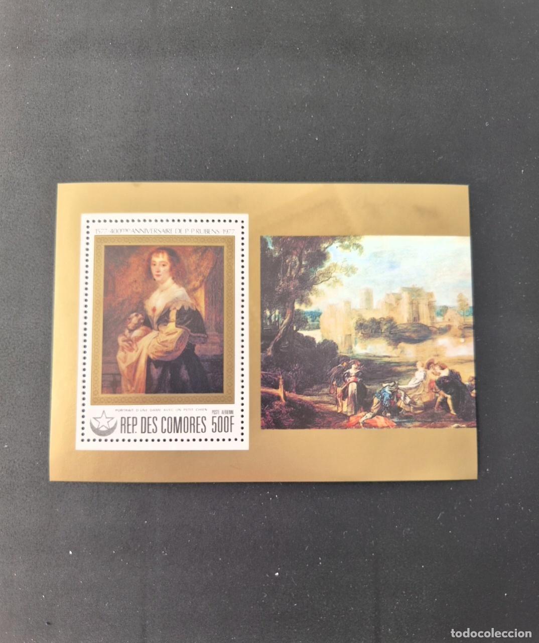 Briefmarken: Comoras 1977 Mi. Bl. 164 Rubens pintura retrato dama perrito