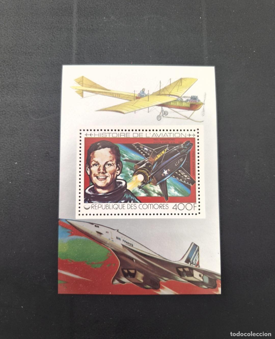 Sellos: Comoras 1978 Mi. Bl. 155 Historia aviaci&oacute;n Neil Armstrong X-15