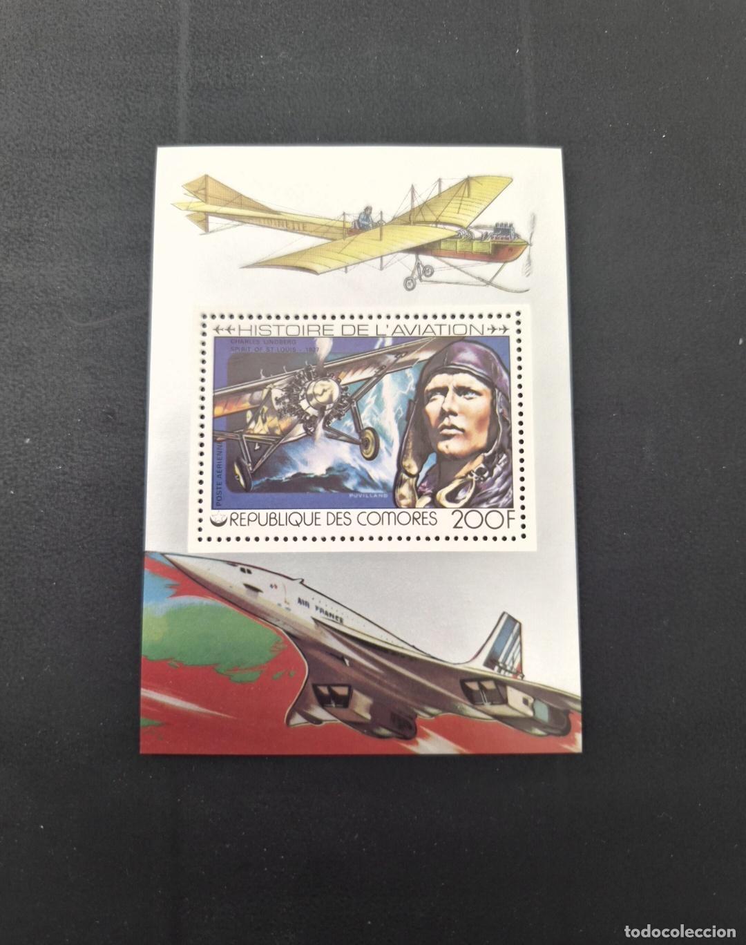 Sellos: Comoras 1977 Mi. Bl. 154 Aviaci&oacute;n Lindbergh Spirit of St. Louis