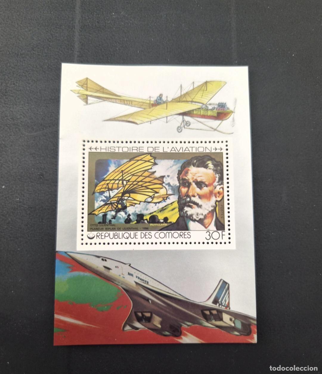 Sellos: Comoras 1977 Mi. Bl. 150 Aviaci&oacute;n Otto Lilienthal planeador Concorde