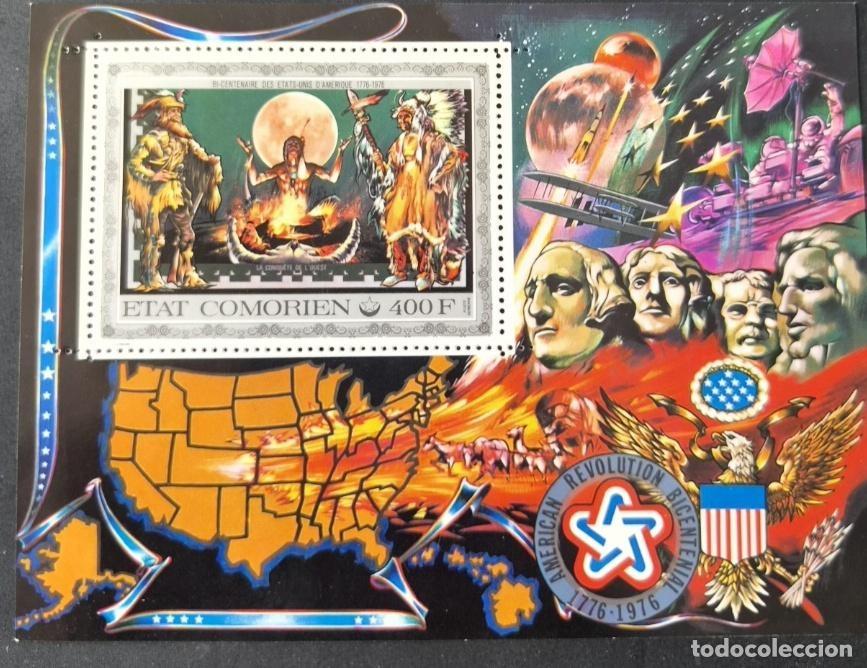 Sellos: Comoras 1976 Mi. Bl. 11 Bicentenario USA Monte Rushmore Indios