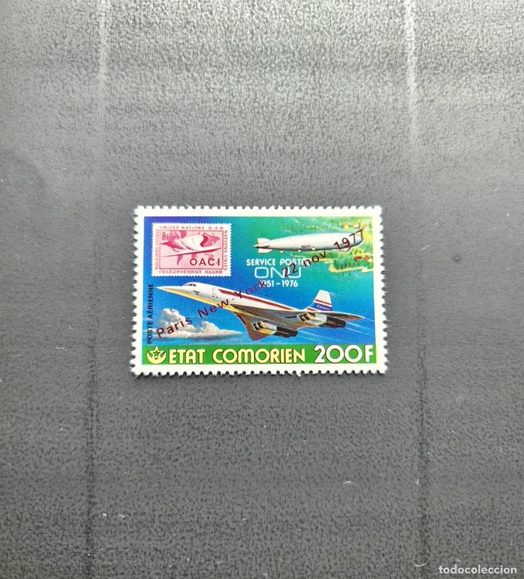 Timbres: Comoras 1977 Mi. 376 sobrecargado Concorde Zeppelin ONU correo a&eacute;reo