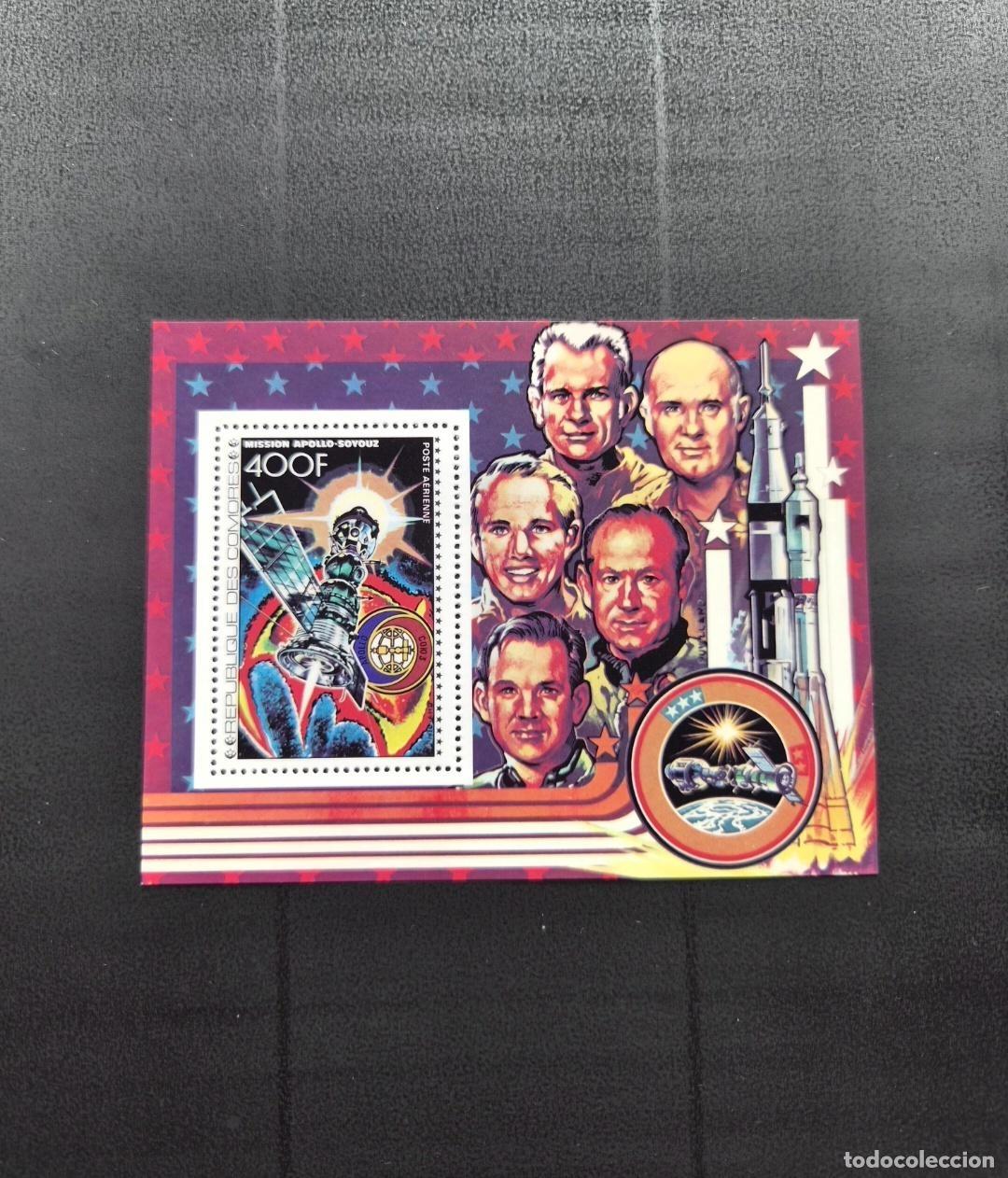 Timbres: Comoras 1975 Mi. Bl. 113 Misi&oacute;n Apollo-Soyuz espacio astronautas