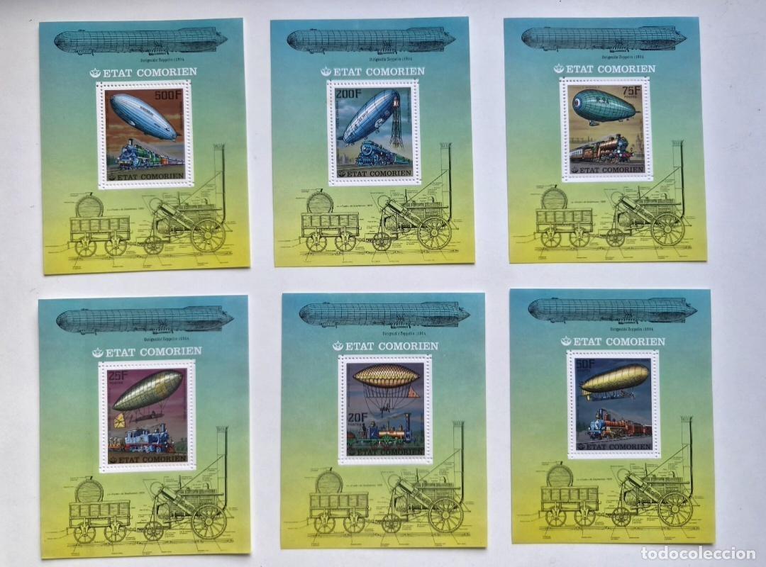 Sellos: Comoras 1977 Mi. Bl. 339-344 dirigibles Zeppelin locomotoras trenes